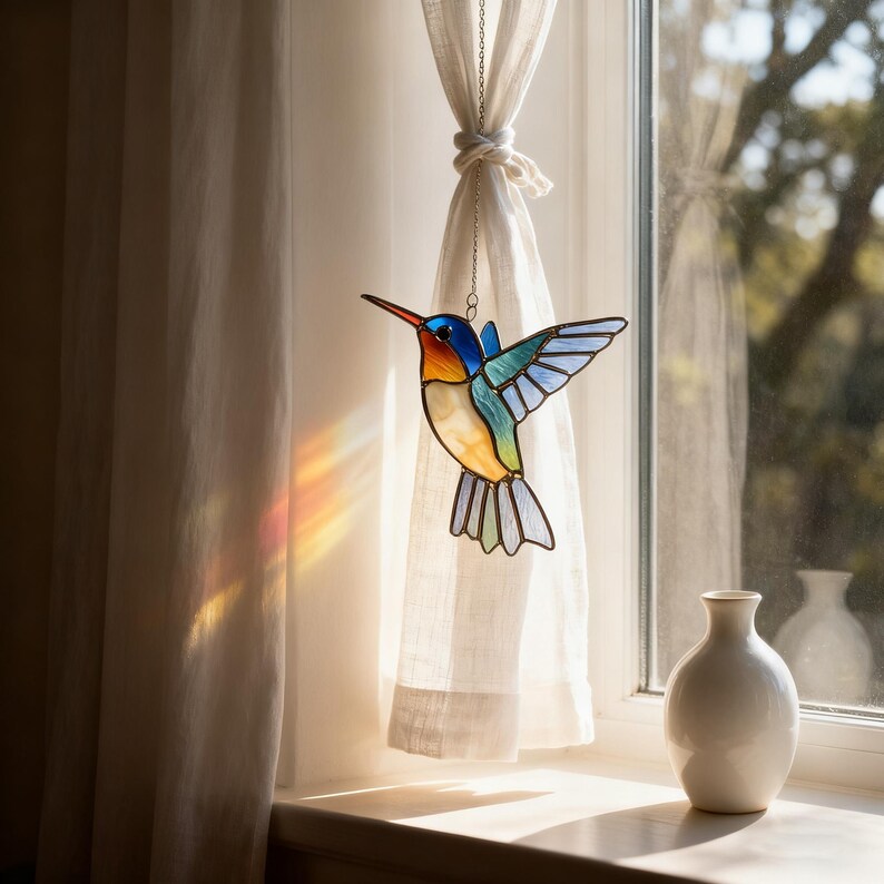 ✨ Hummingbird Stained Glass Suncatcher – Hand‑Cut Light Catcher for Your Window