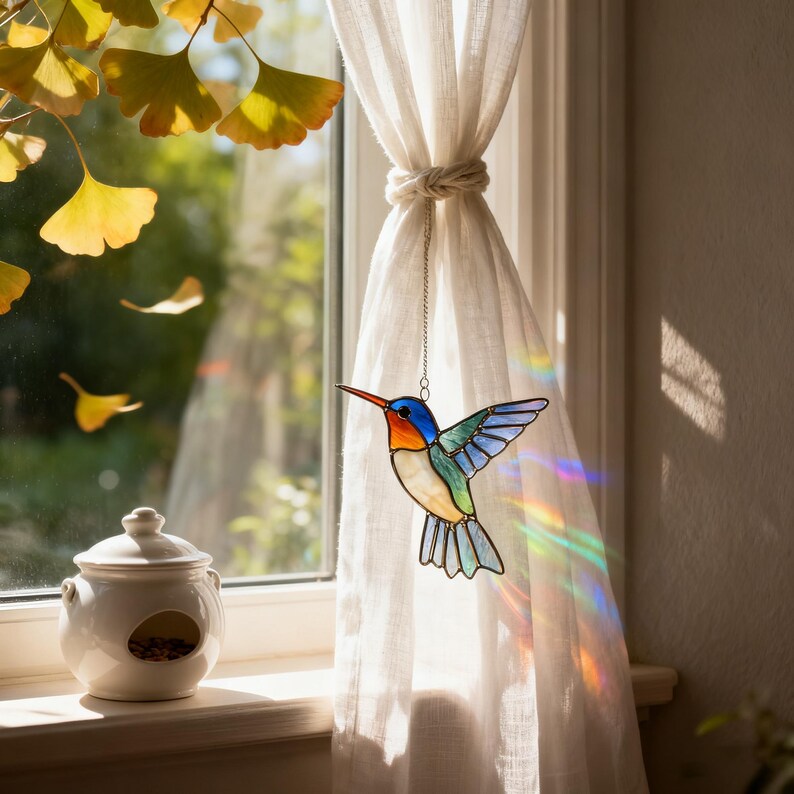 ✨ Hummingbird Stained Glass Suncatcher – Hand‑Cut Light Catcher for Your Window