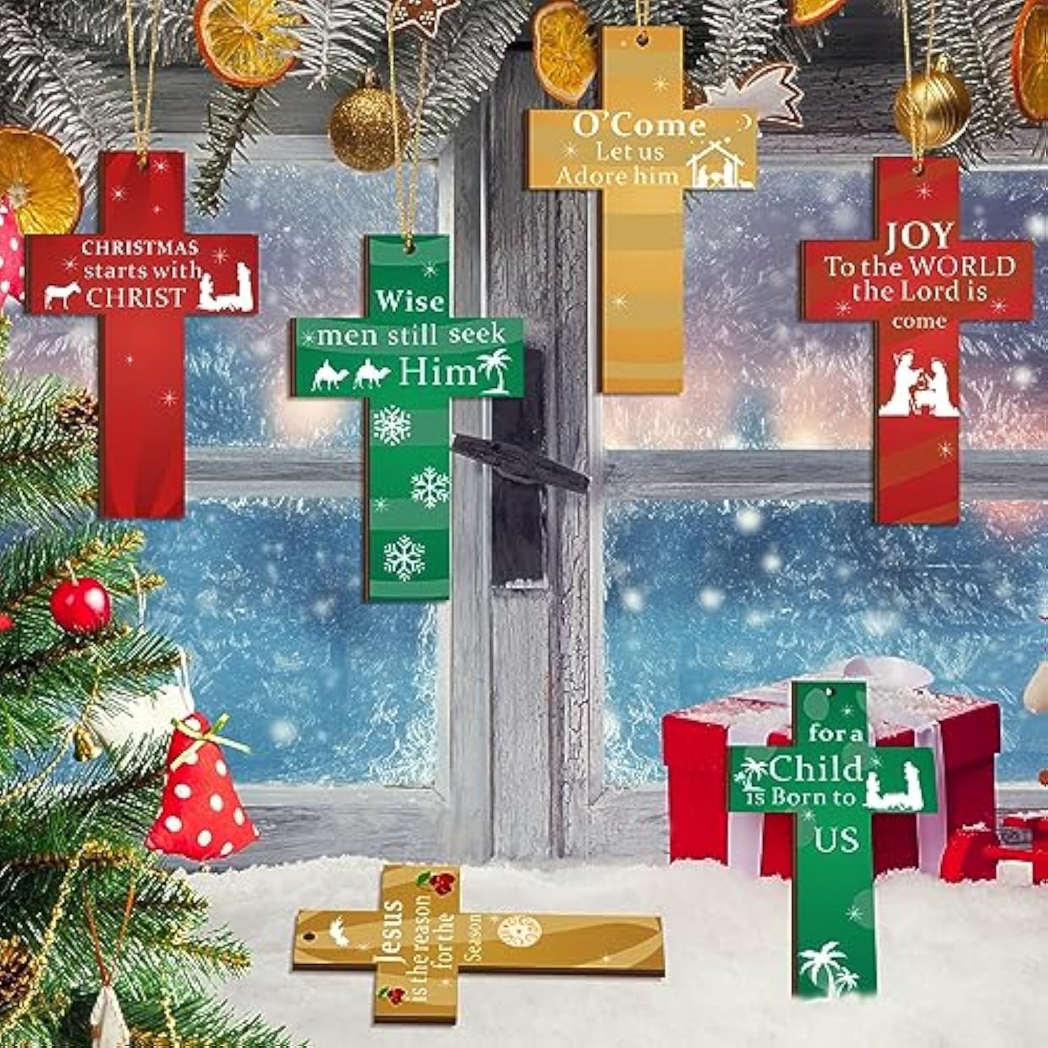 24 Pcs Nativity Wooden Cross Hanging Ornaments