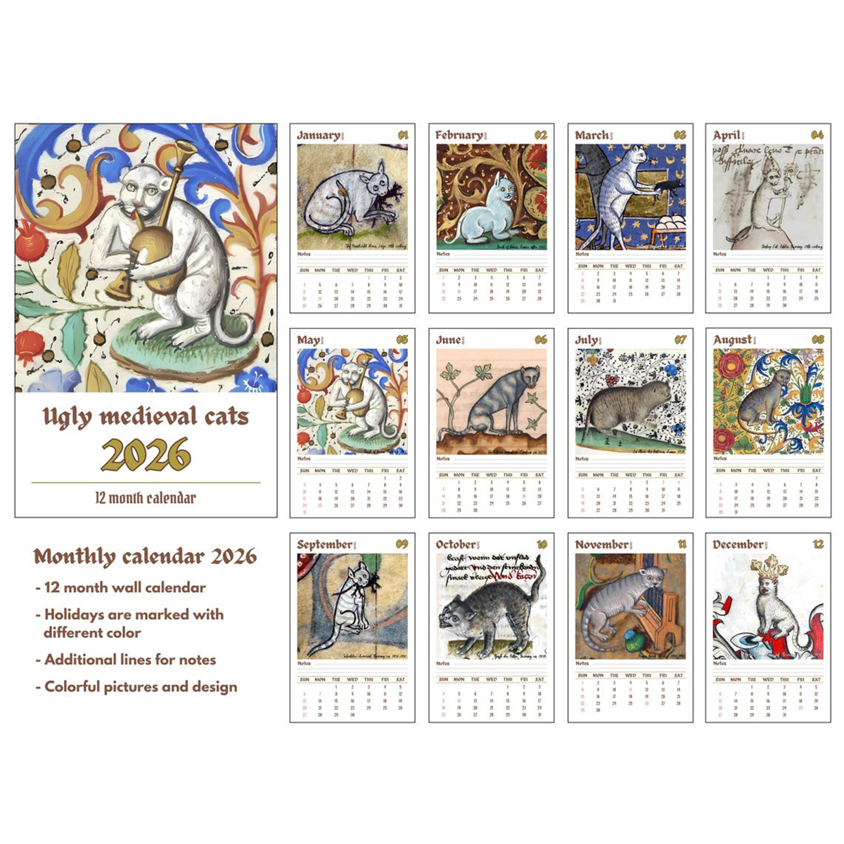 ​​Ugly Medieval Cats 2026 Wall Calendar​
