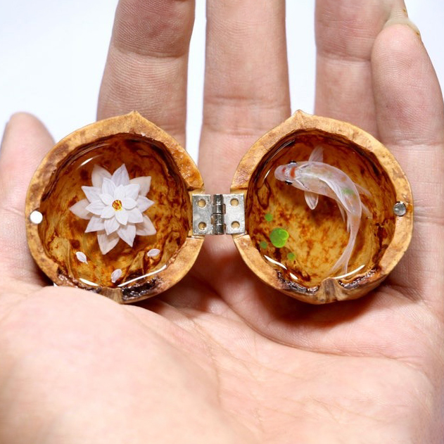 Cute Mini Koi Fish Resin Painting in the Walnut Shell