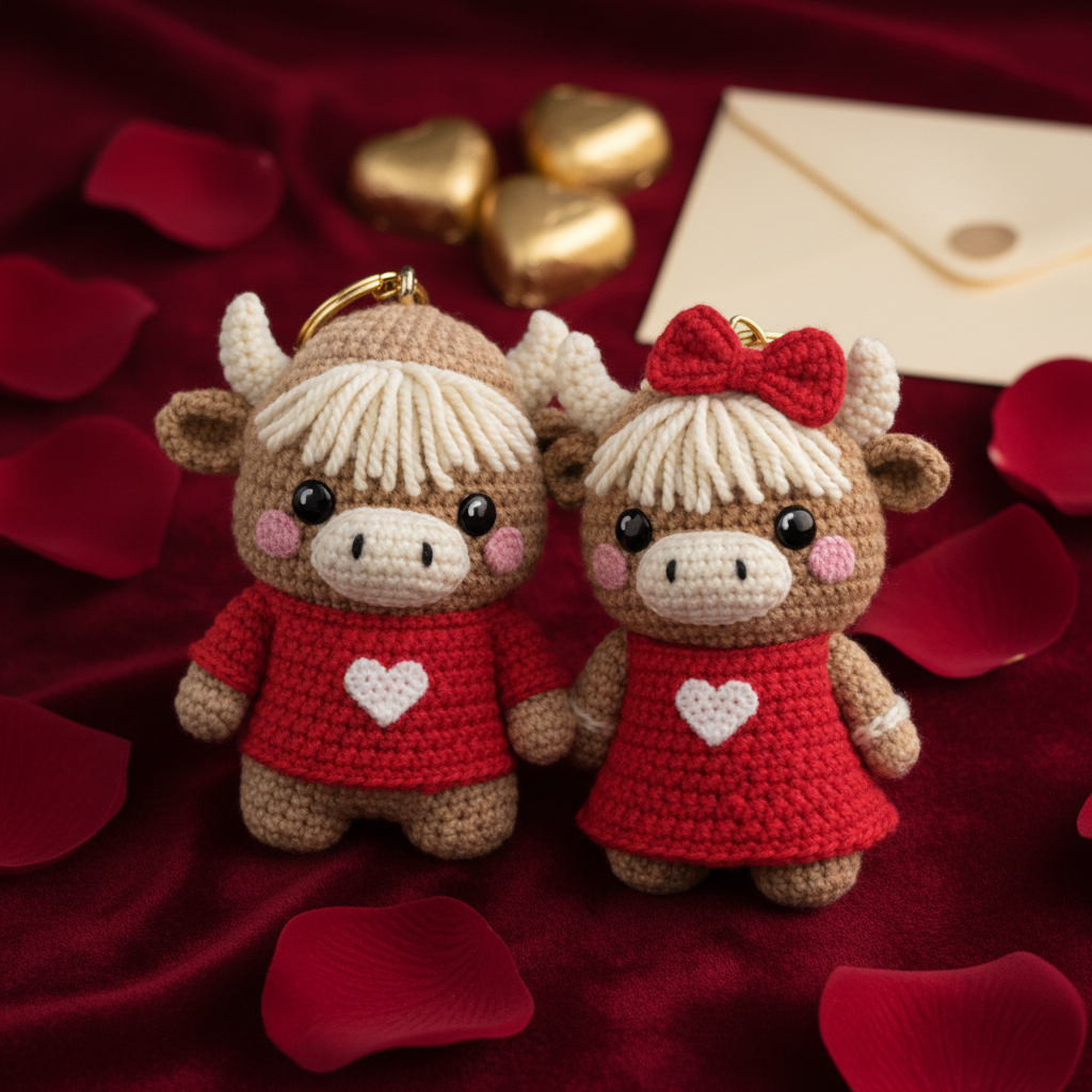 Handmade Highland Cow Couple Keychains - Romantic Crochet Bag Charm