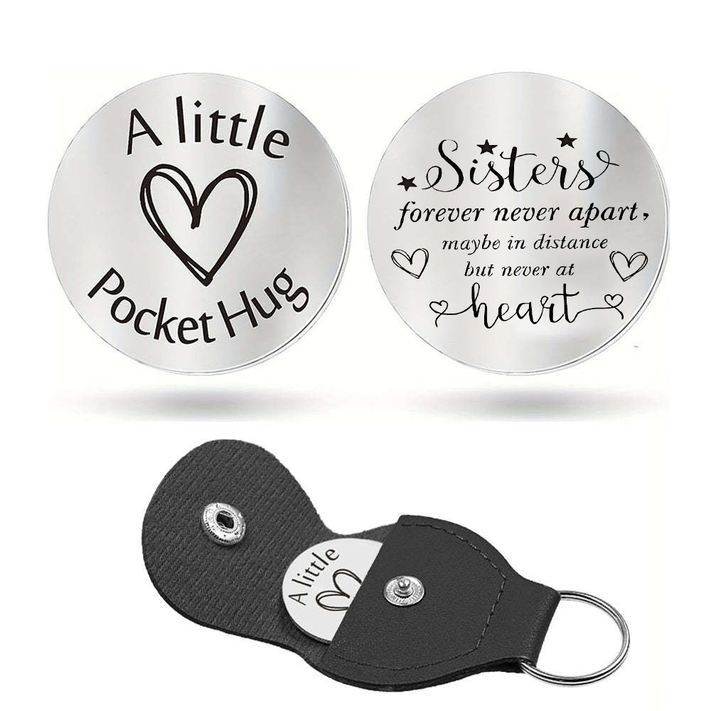 Double Sided Engraved Pocket Hug Token With Leather Keychain
