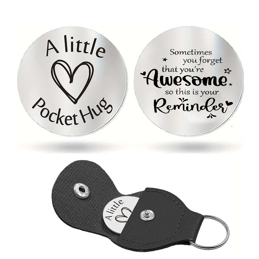 Double Sided Engraved Pocket Hug Token With Leather Keychain