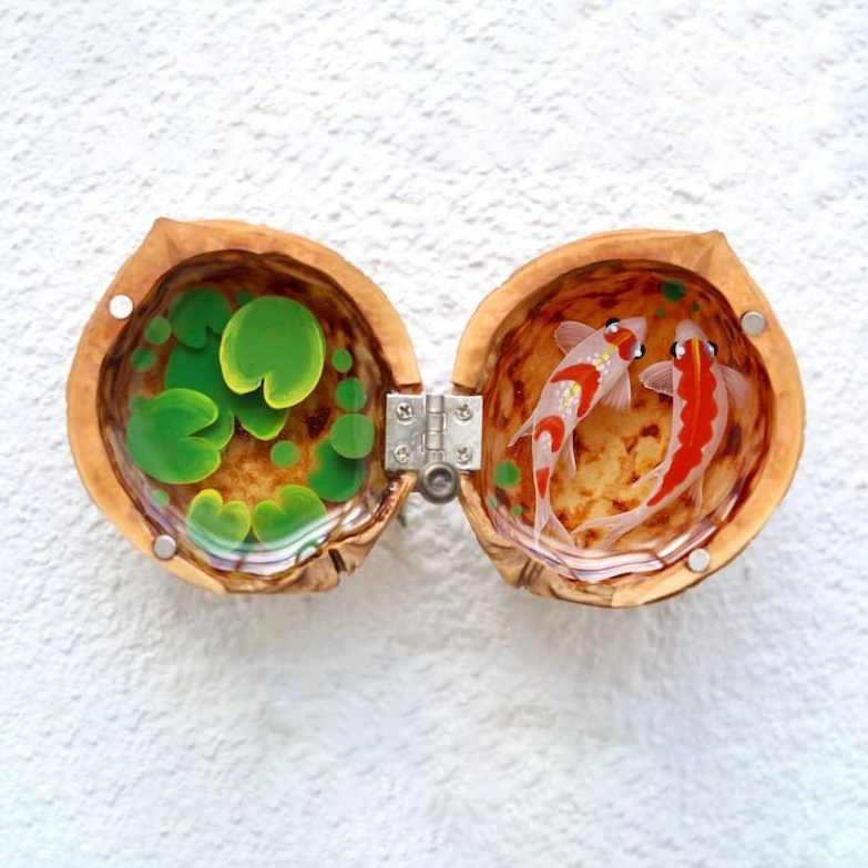 Cute Mini Koi Fish Resin Painting in the Walnut Shell