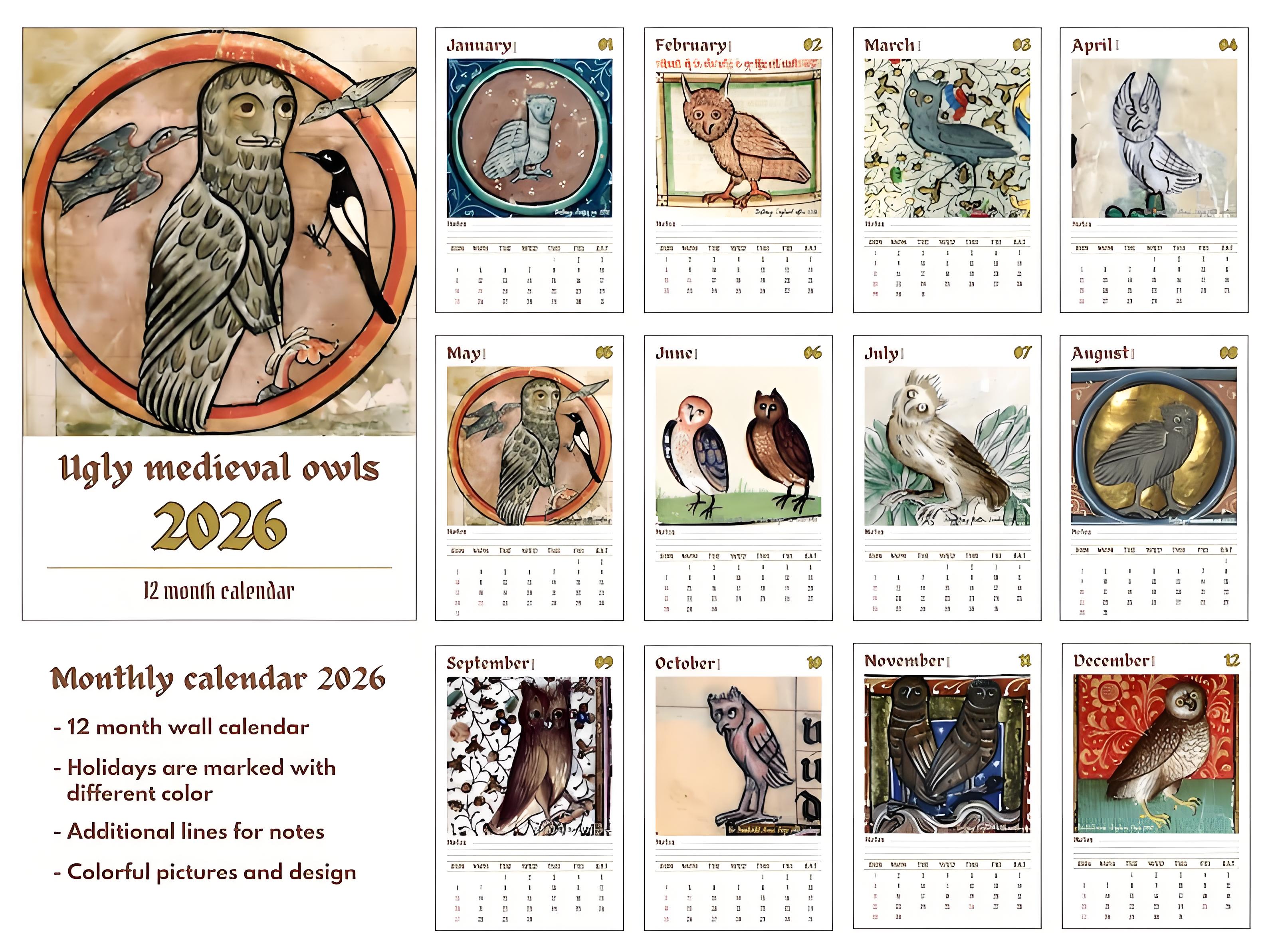 Funny Medieval Owl Calendar 2026