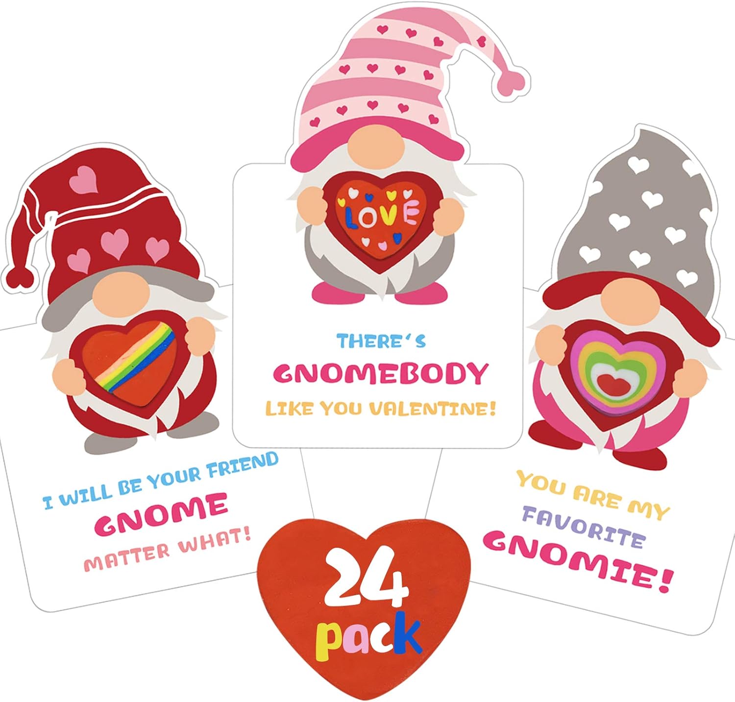 24 Pcs Gnomes Heart Erasers Card