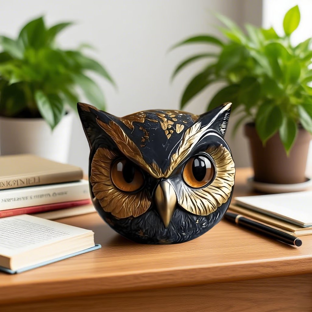  Luxurious Black-Gold Owl Stone Sculpture