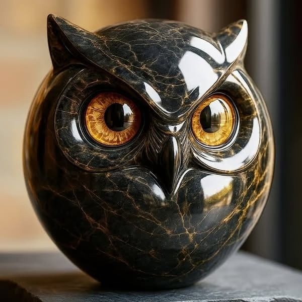  Luxurious Black-Gold Owl Stone Sculpture