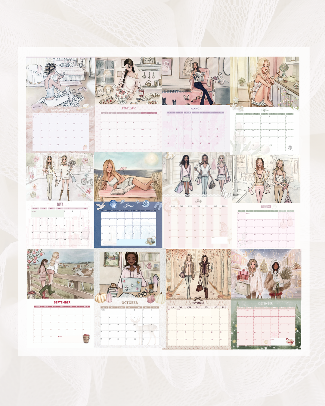 Fashion Women Watercolor Calendar 2026