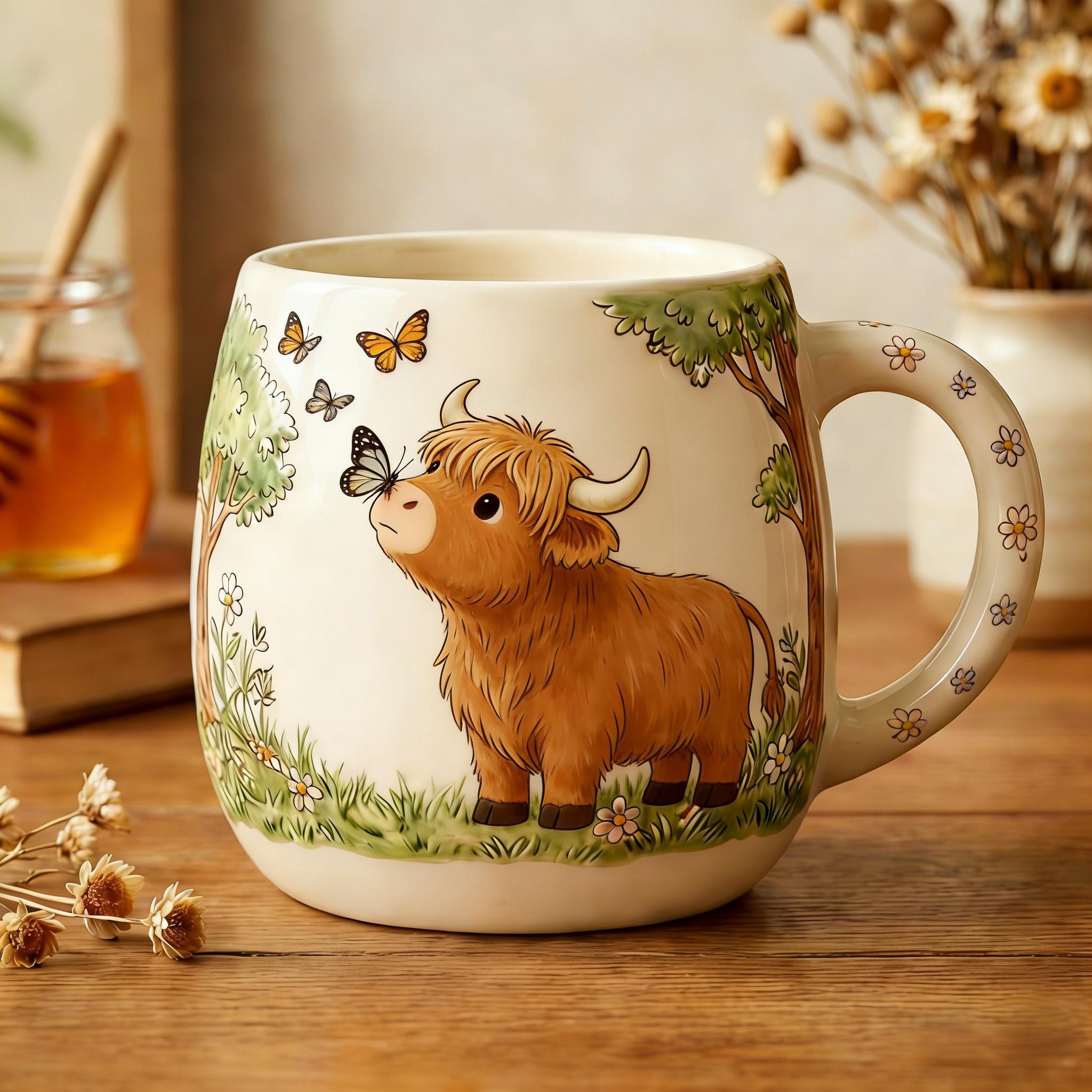 🐮Cozy Highland Cow Mug with Butterflies & Daisies