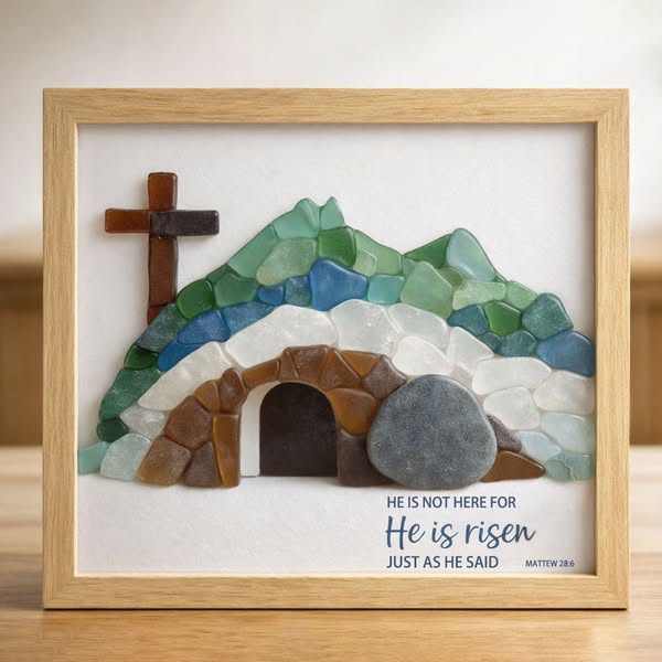 🌊 "Resurrection Mosaic" – Framed Sea Glass Easter Art