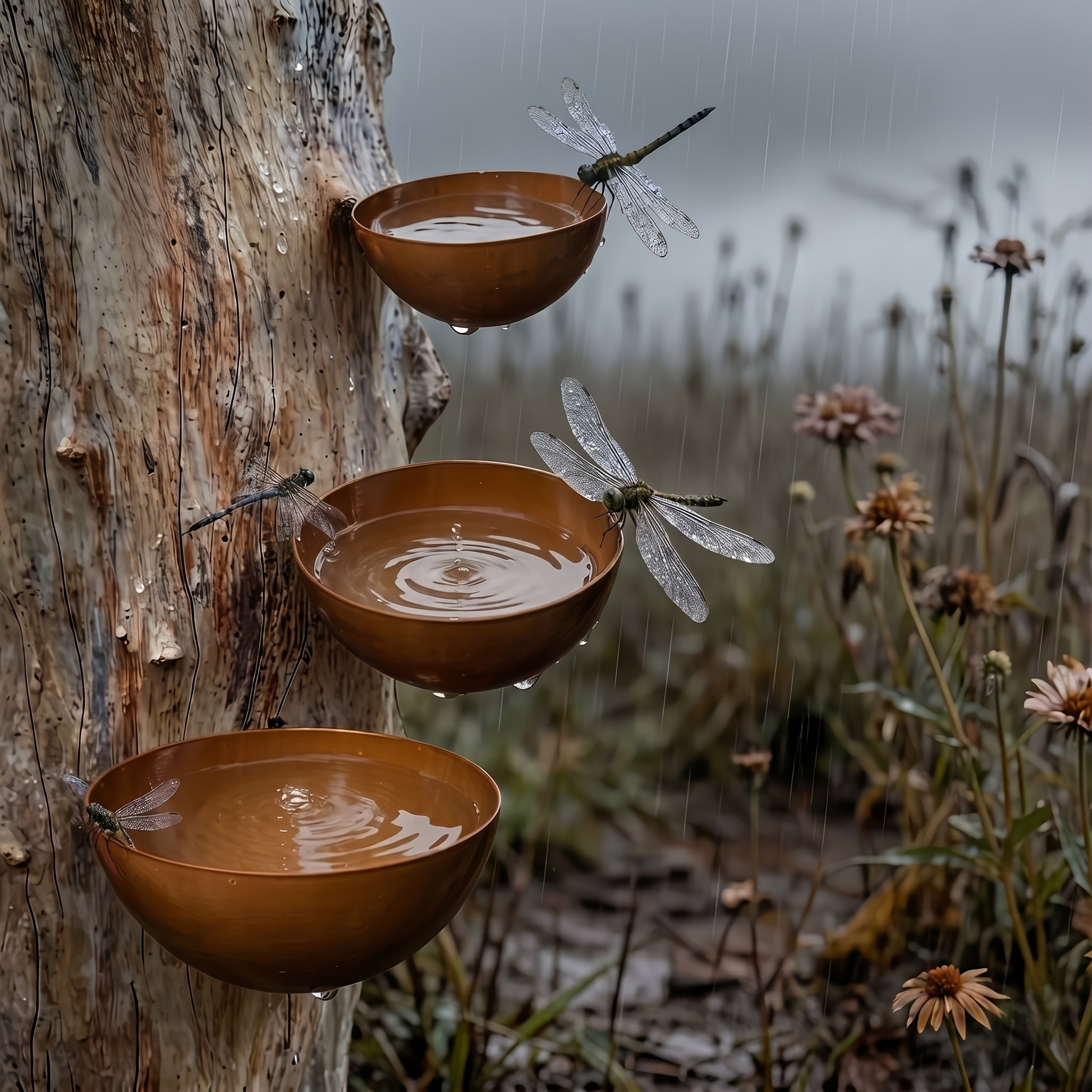 Hanging Insect Drinking Cup Bird Feeder Ornament - Rustic Metal Bird Basin Set (3-Tier) for Garden, Patio, Shelf