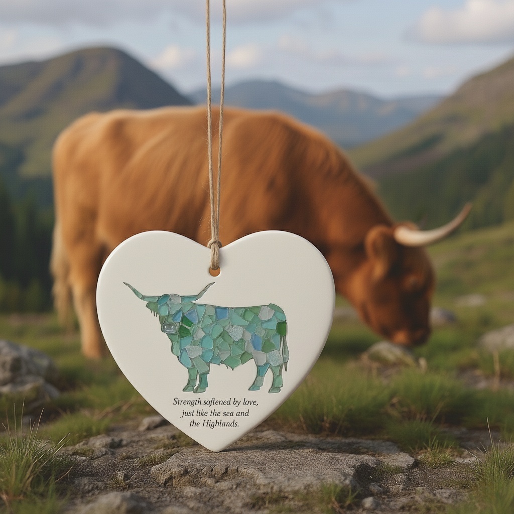 Sea Glass Highland Cow Heart Ornament