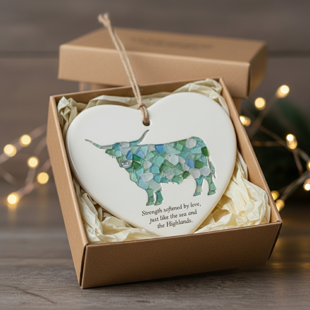 Sea Glass Highland Cow Heart Ornament