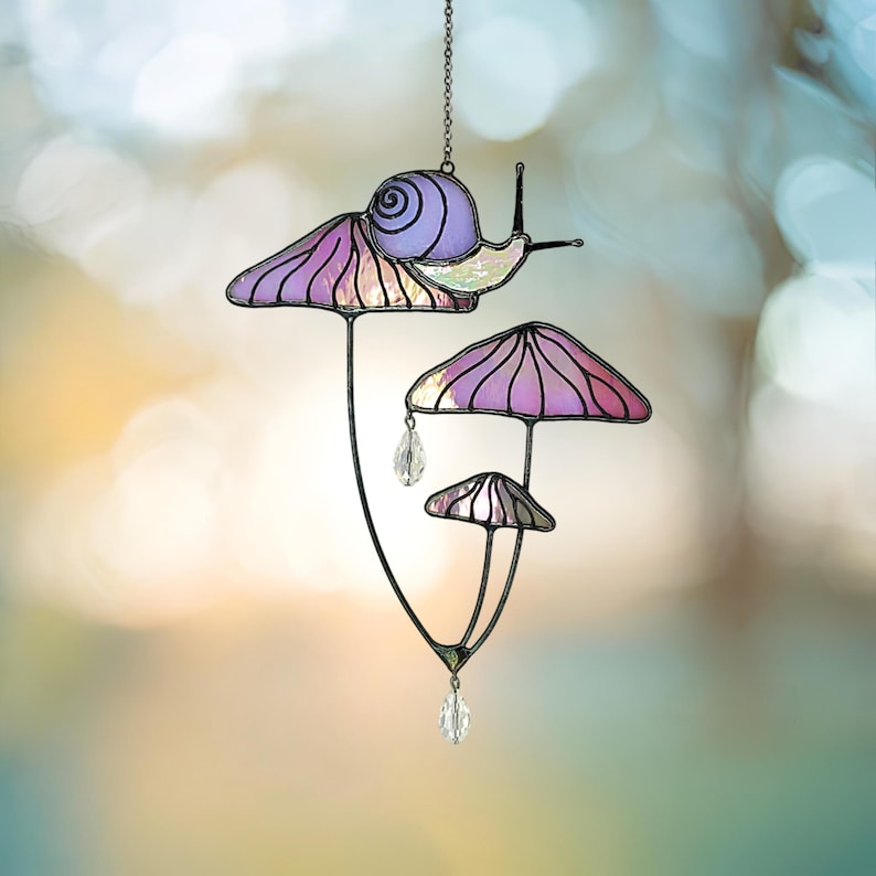 Mushrooms with Snail Stained Glass Window Hangings