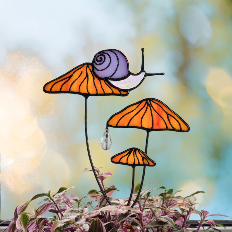 Magical Snail on Orange Mushroom Plant Stake