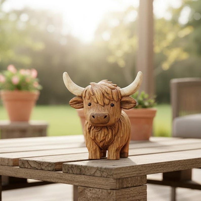 Hand-Carved Wooden Highland Cow
