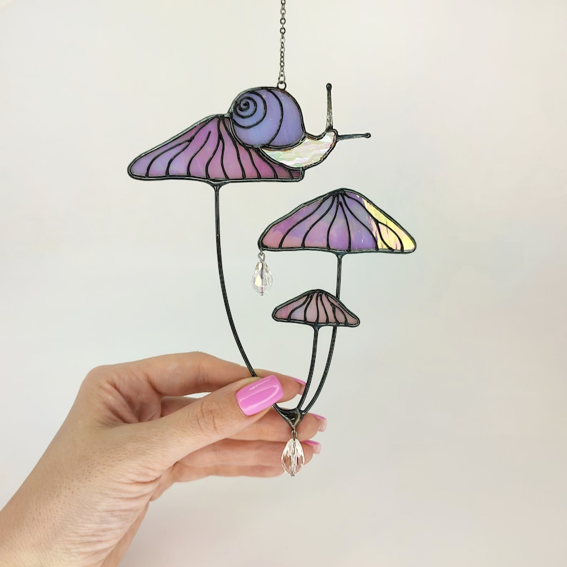 Mushrooms with Snail Stained Glass Window Hangings