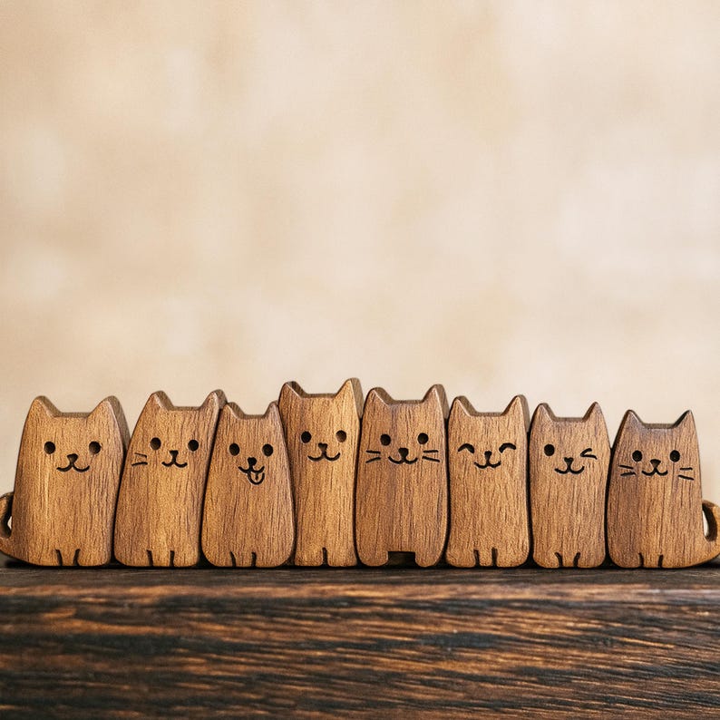 Hand-Carved Wooden Cat Figurine