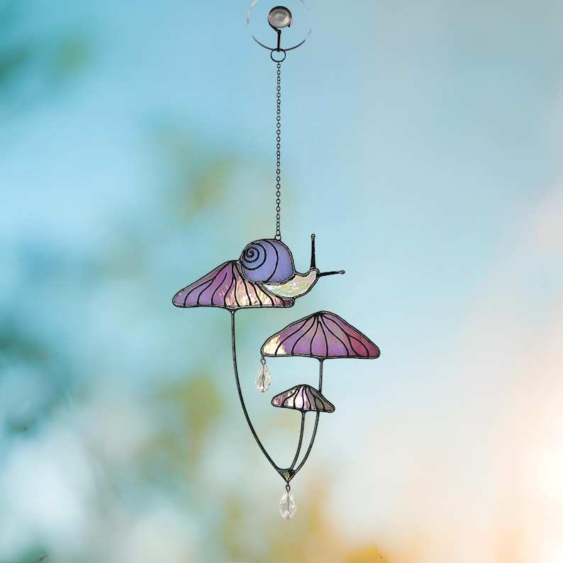 Mushrooms with Snail Stained Glass Window Hangings