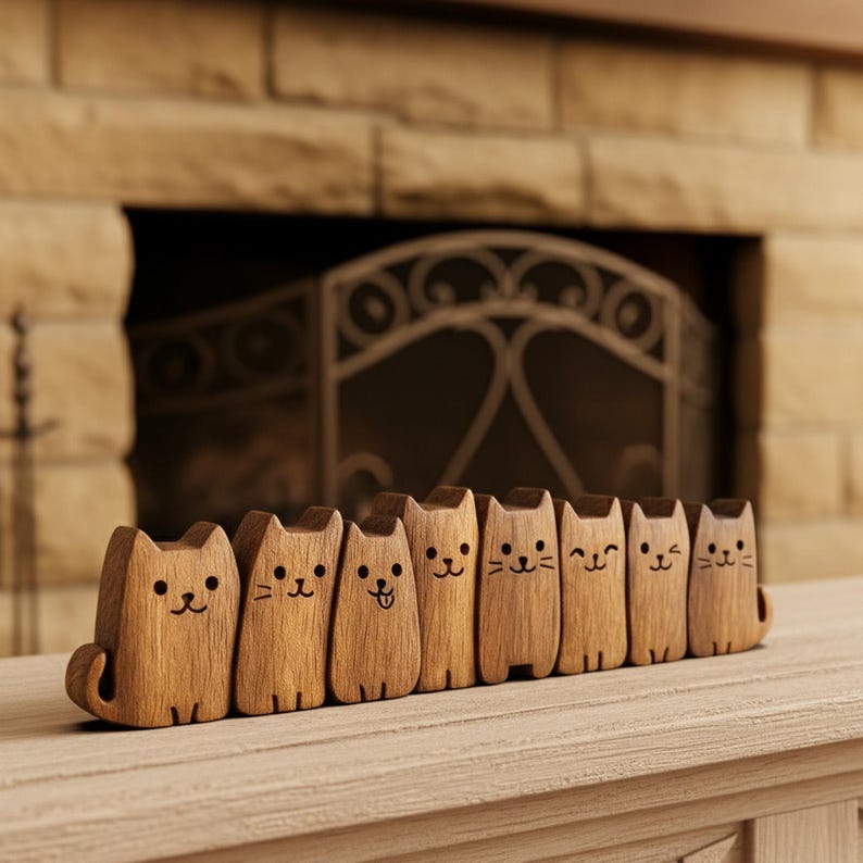 Hand-Carved Wooden Cat Figurine