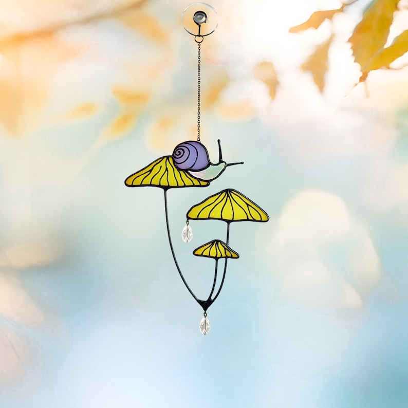 Mushrooms with Snail Stained Glass Window Hangings