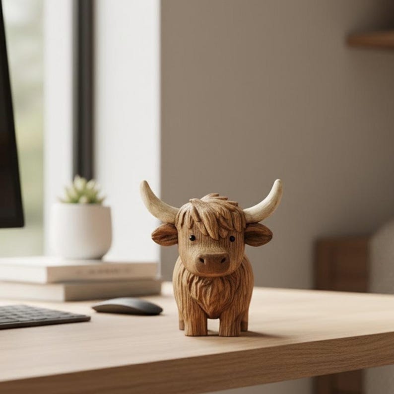 Hand-Carved Wooden Highland Cow