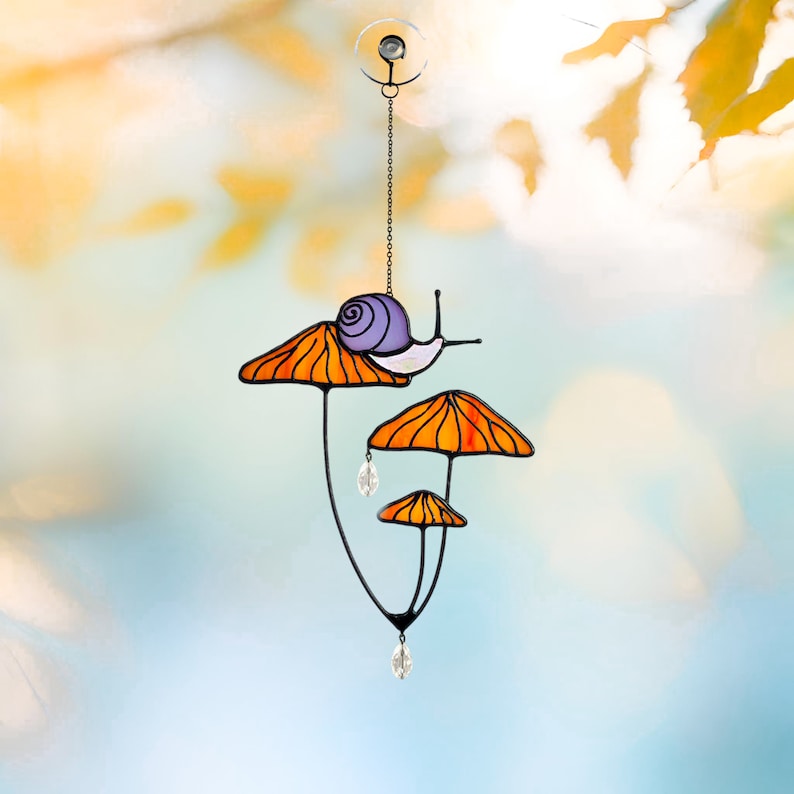 Mushrooms with Snail Stained Glass Window Hangings
