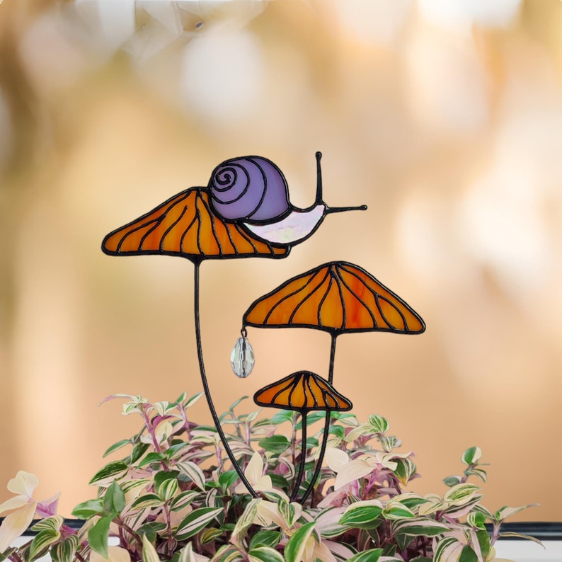 Magical Snail on Orange Mushroom Plant Stake
