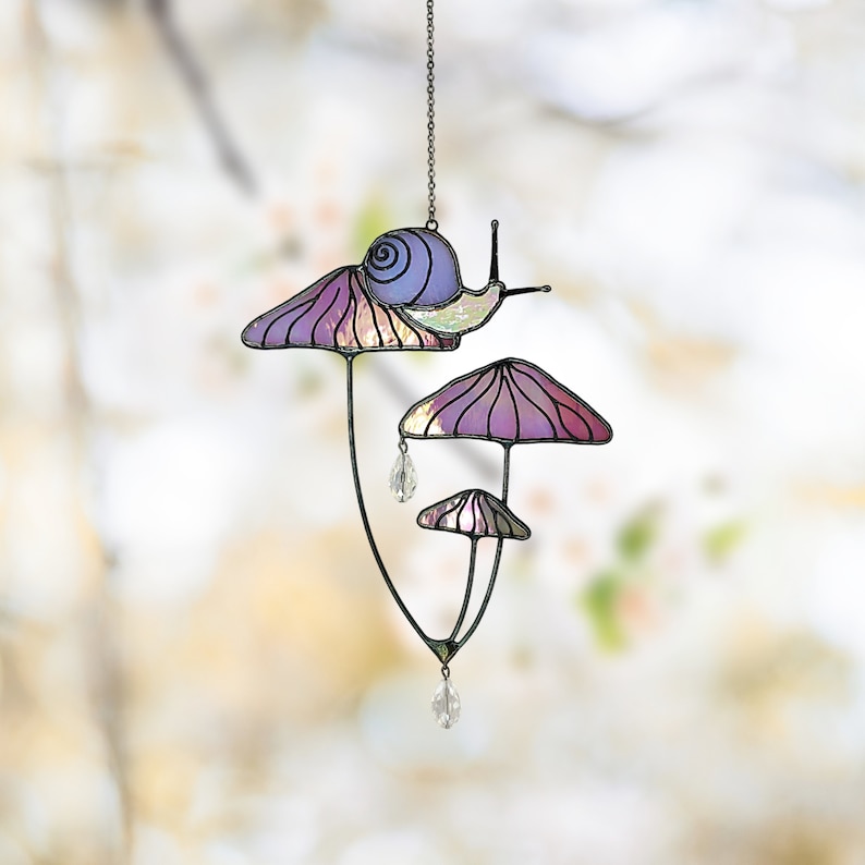Mushrooms with Snail Stained Glass Window Hangings