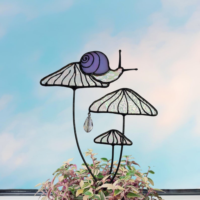Magical Snail on Orange Mushroom Plant Stake