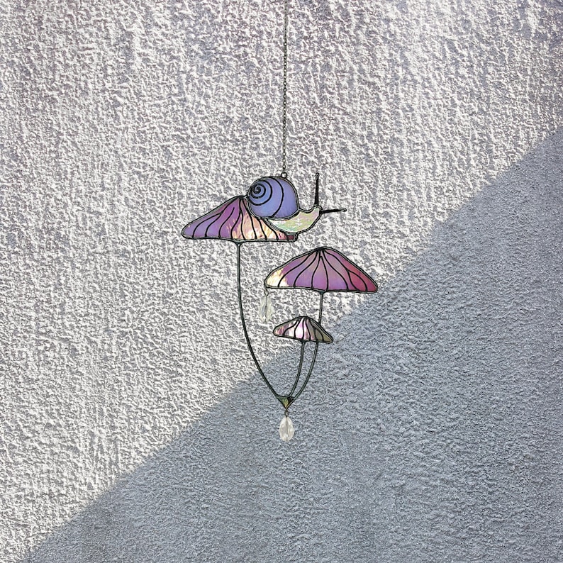 Mushrooms with Snail Stained Glass Window Hangings