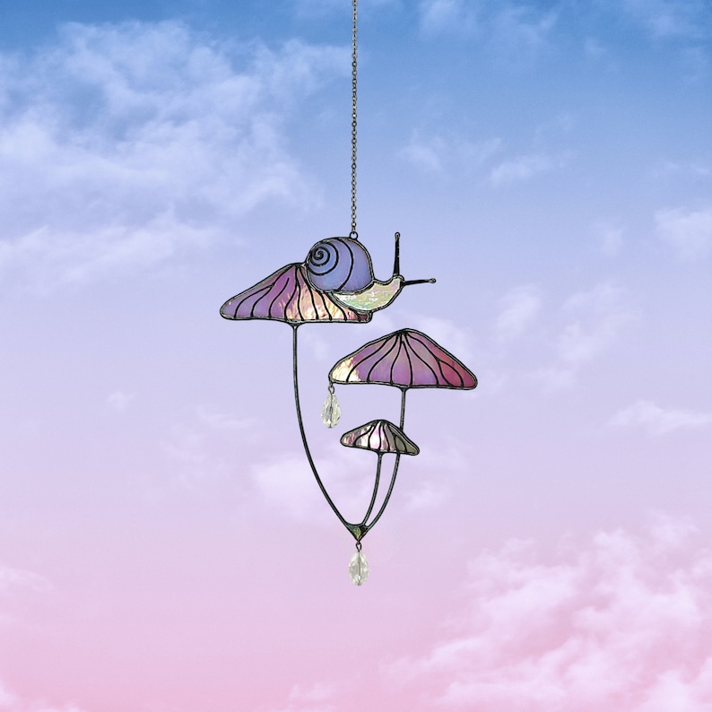 Mushrooms with Snail Stained Glass Window Hangings