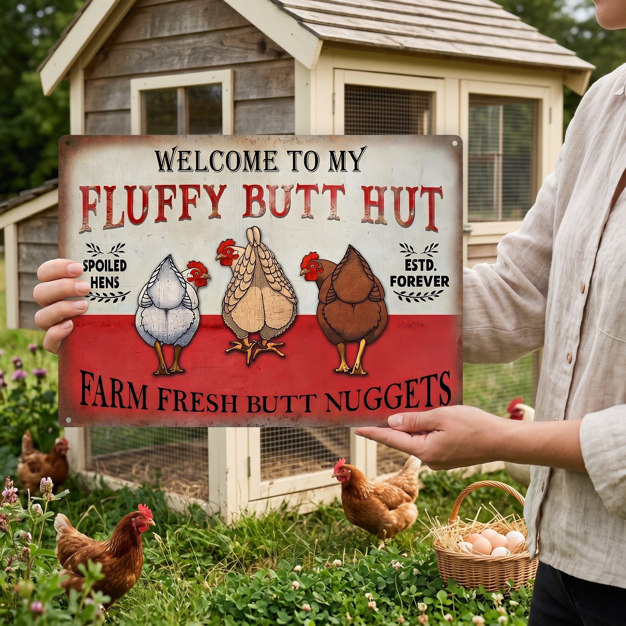  🐔Personalized "Fluffy Butt Hut" Farm Sign – Spoiled Hens & Rustic Charm