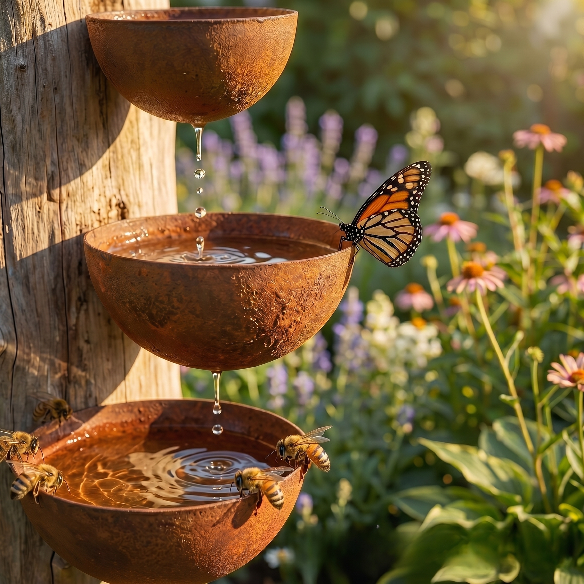 Set of 3 Metal Rain Catcher-Metal Bird Bath Pollinator 