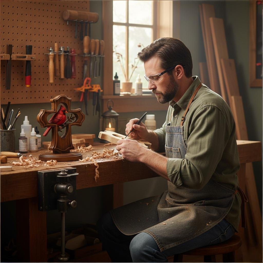 "Faith Perched in Wood" - Hand-Carved Cardinal Cross Ornament