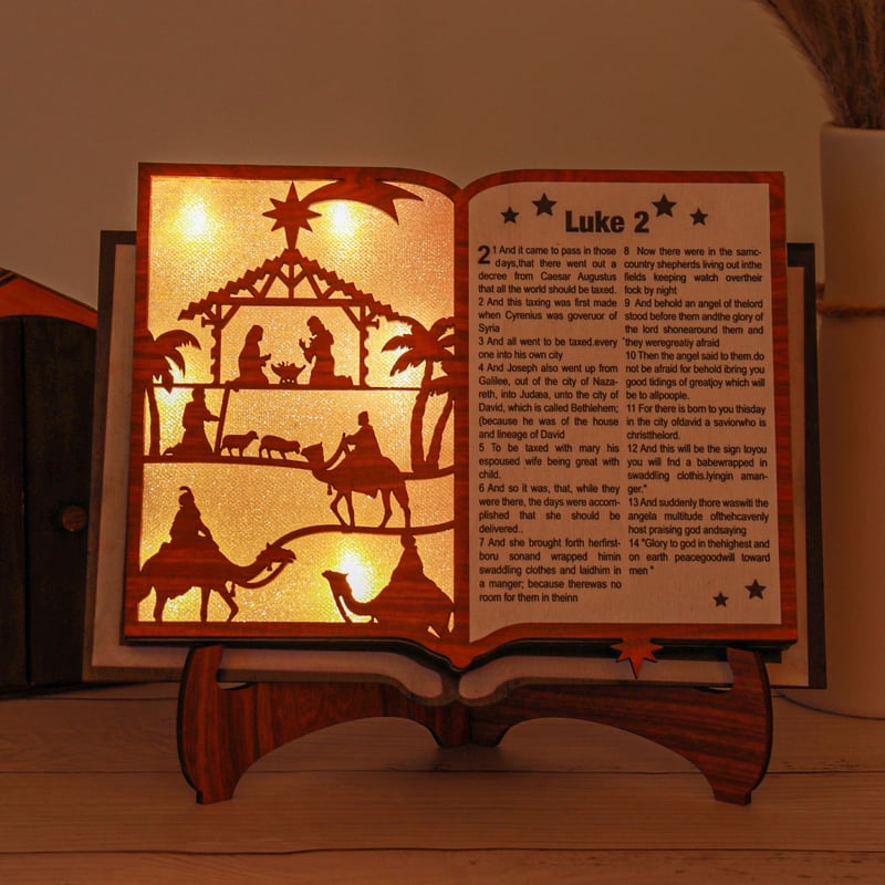 3D Wooden Nativity Scene Book Display With Light