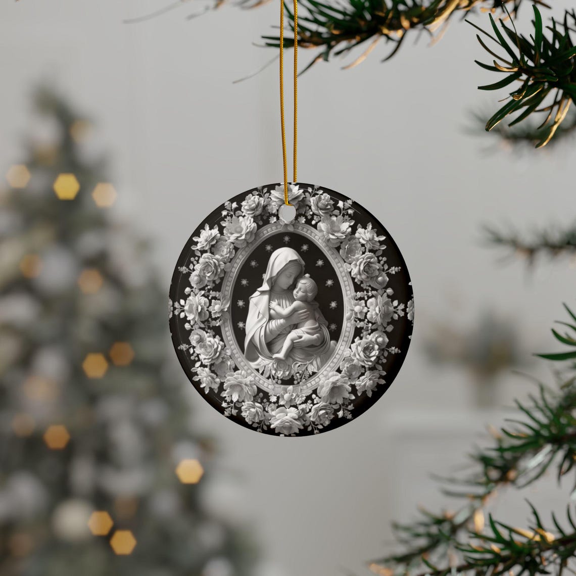  Madonna and Child Snowflake Floral Ceramic Ornament
