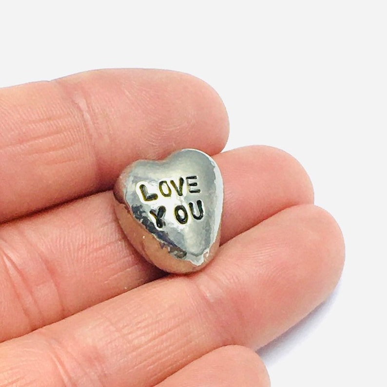 Personalised pocket pebble hand stamped pewter heart send a image 3