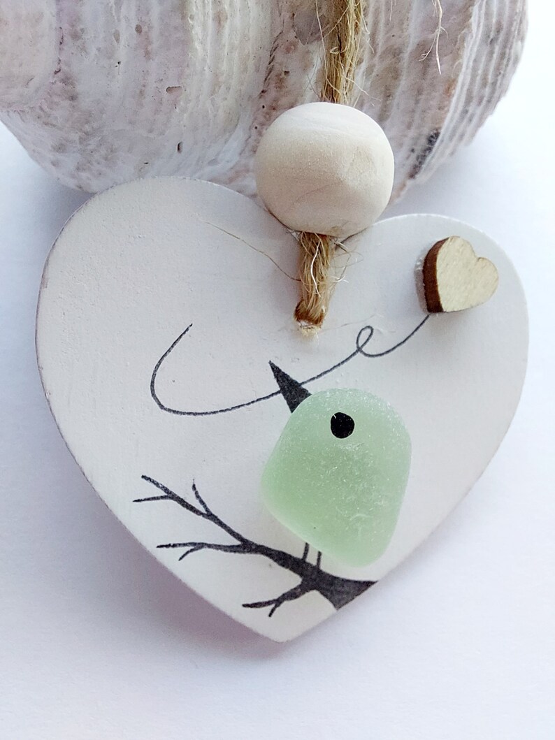 Sea Glass Robin Heart Decoration
