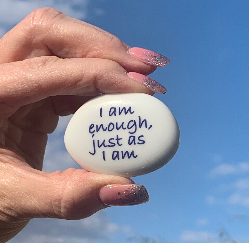 I Am Enough Pocket Hug Pebble Decorated Stone Present Clear Varnish