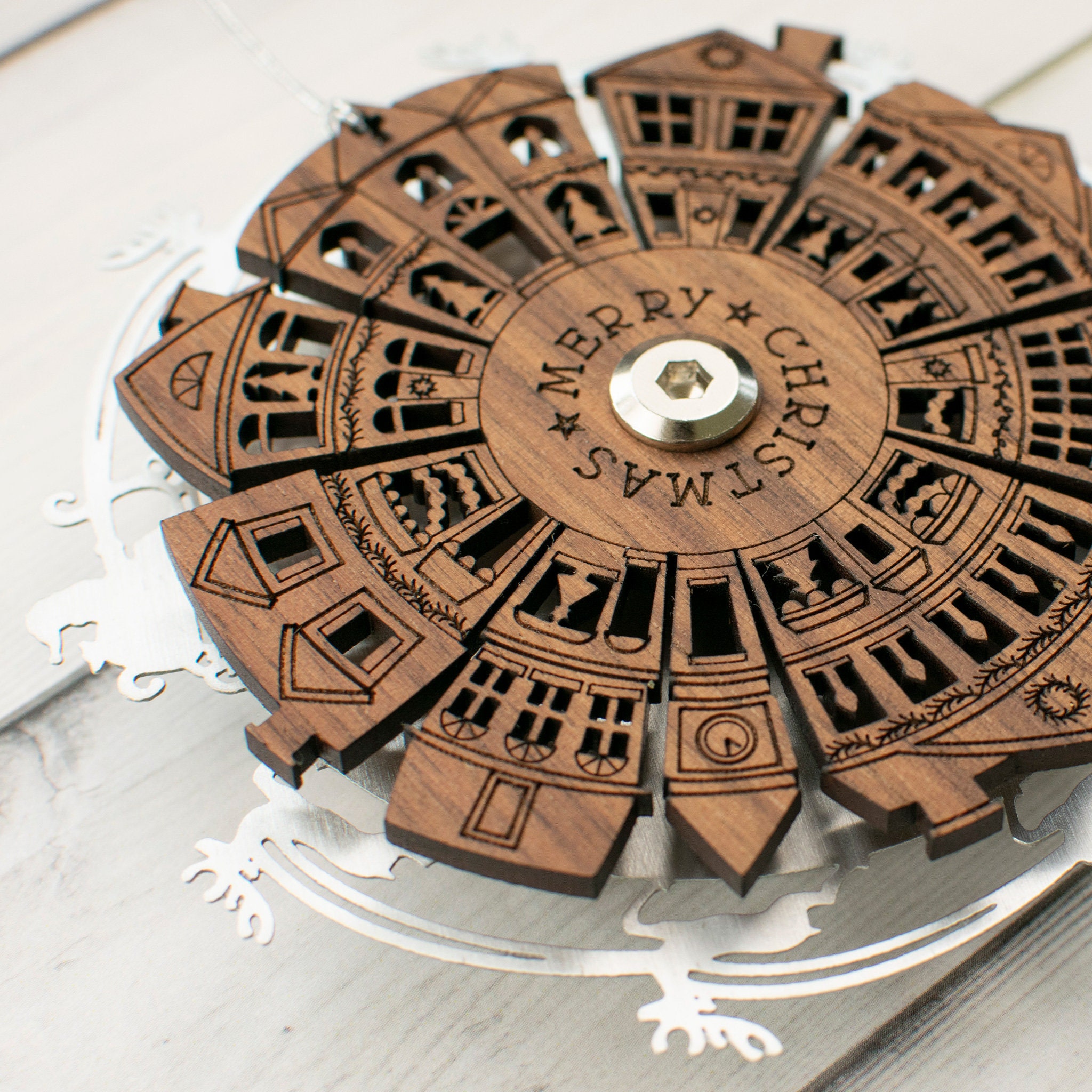 Spinning Santa Over Town Christmas Ornament