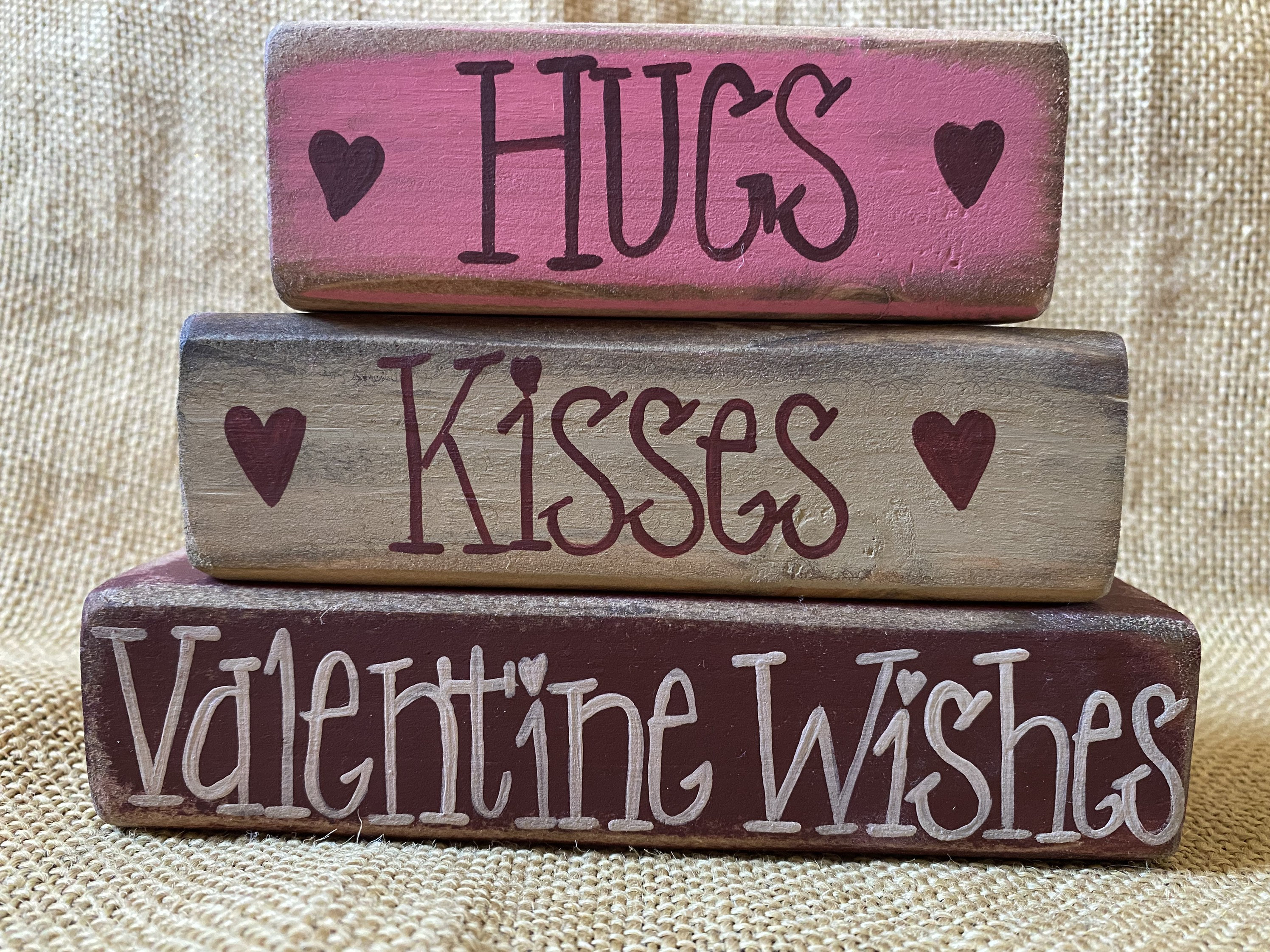 Hand Painted Distressed Hugs Kisses Valentine Wishes Wood Block Set
