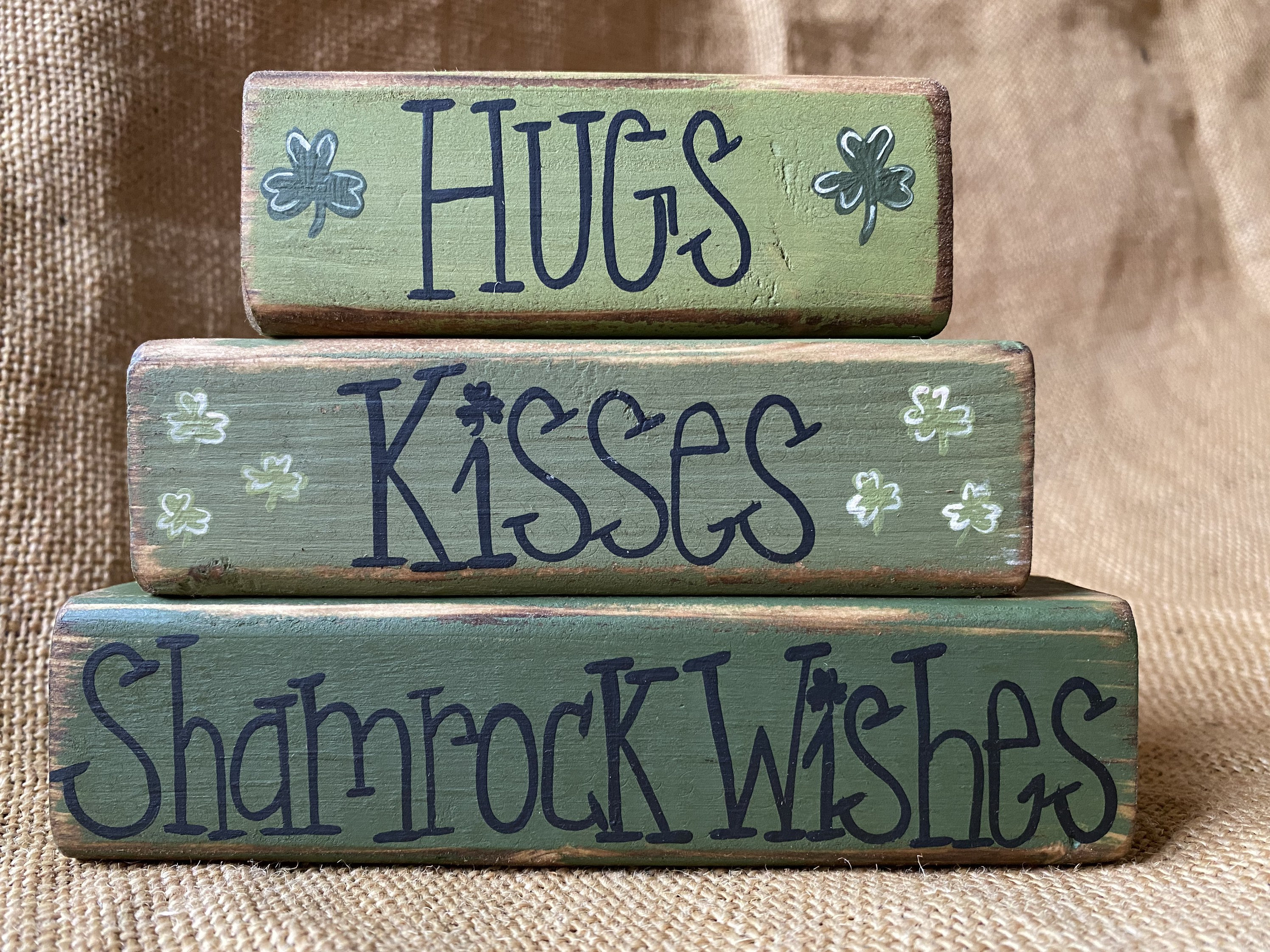 Hand Painted Distressed Hugs Kisses Valentine Wishes Wood Block Set