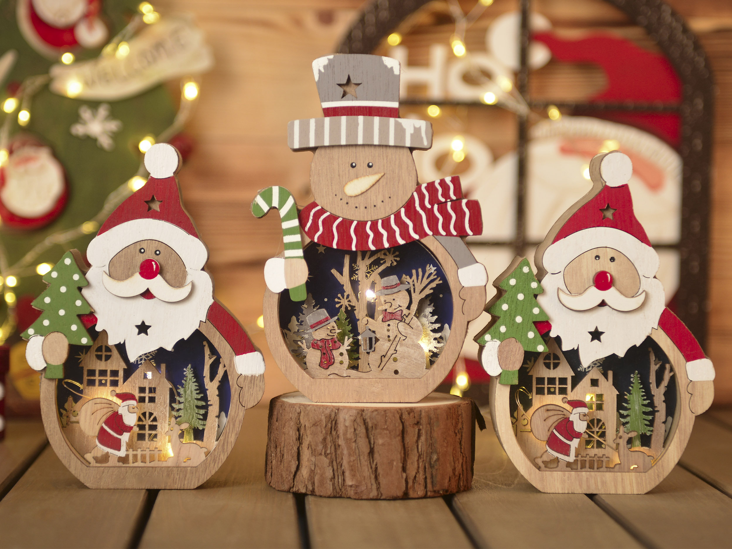 Santa Claus Lantern - Wood LED Christmas Ornaments
