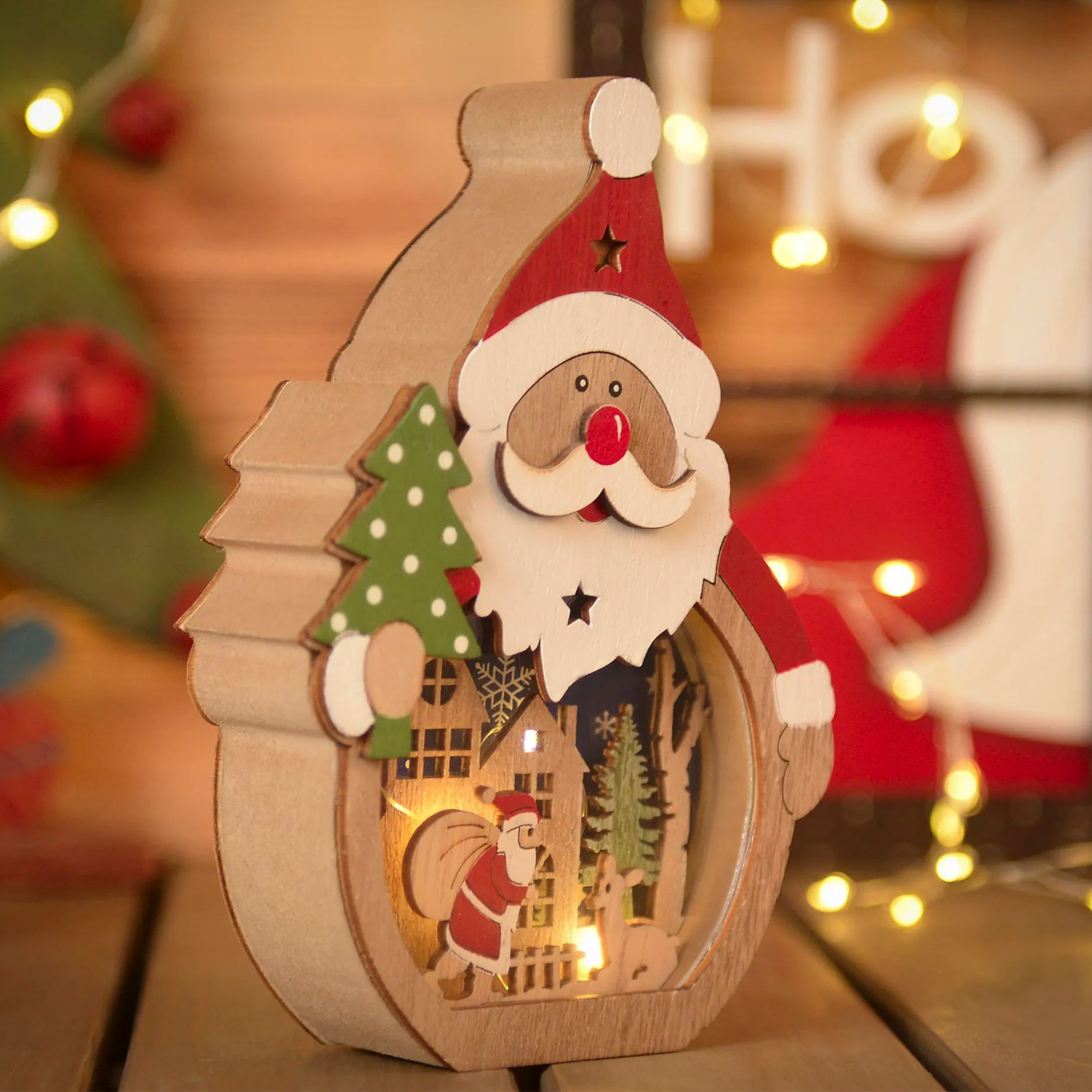 Santa Claus Lantern - Wood LED Christmas Ornaments