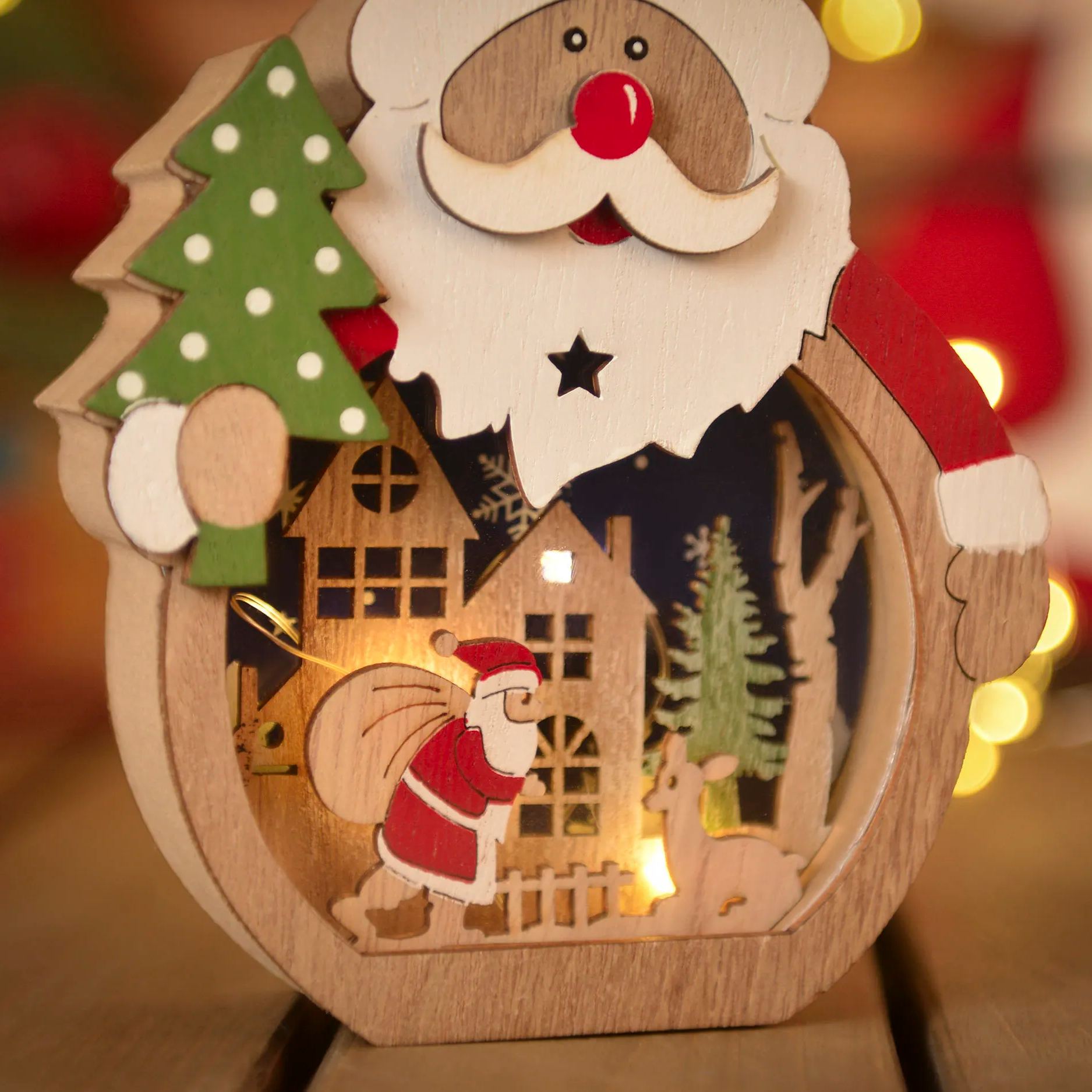 Santa Claus Lantern - Wood LED Christmas Ornaments