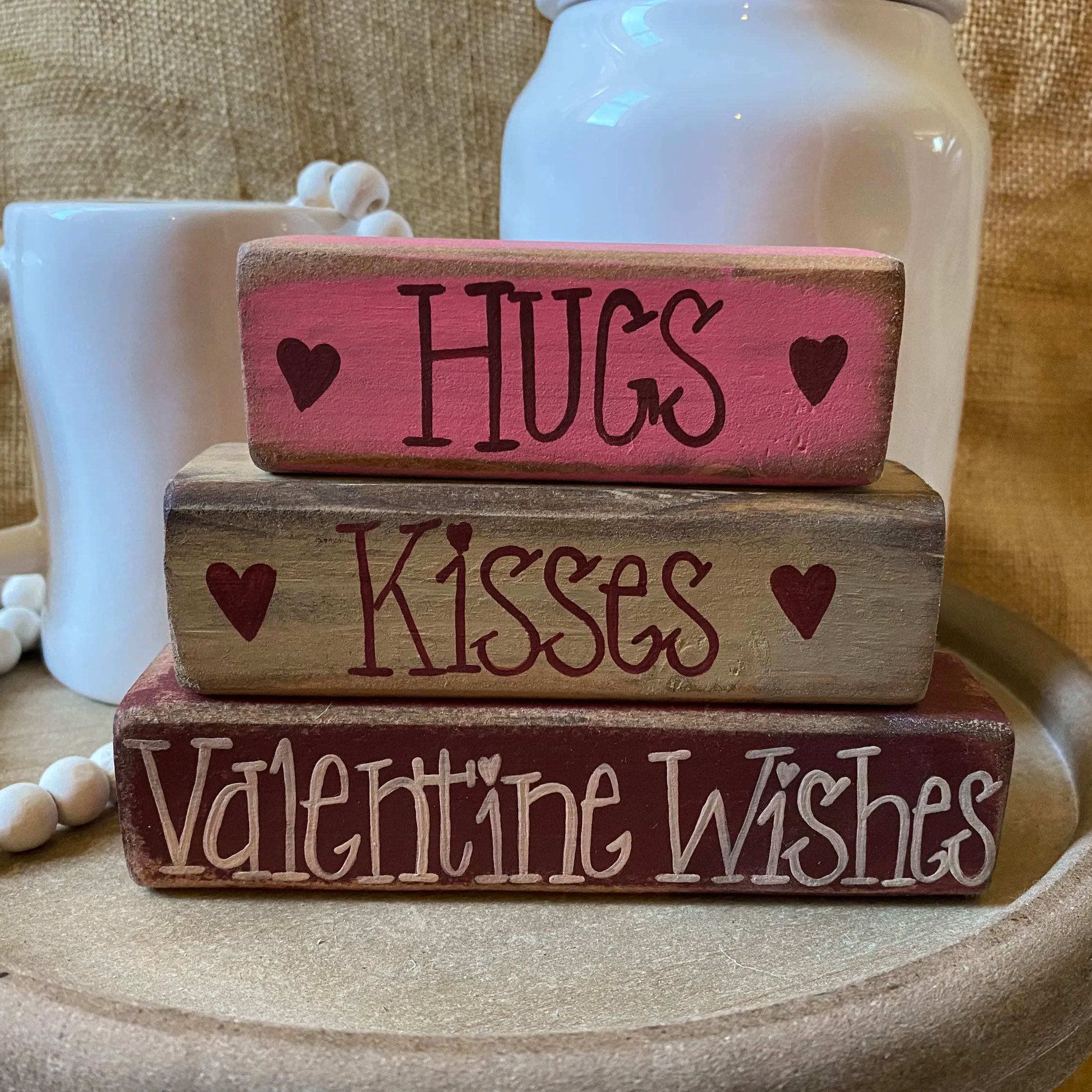 Hand Painted Distressed Hugs Kisses Valentine Wishes Wood Block Set