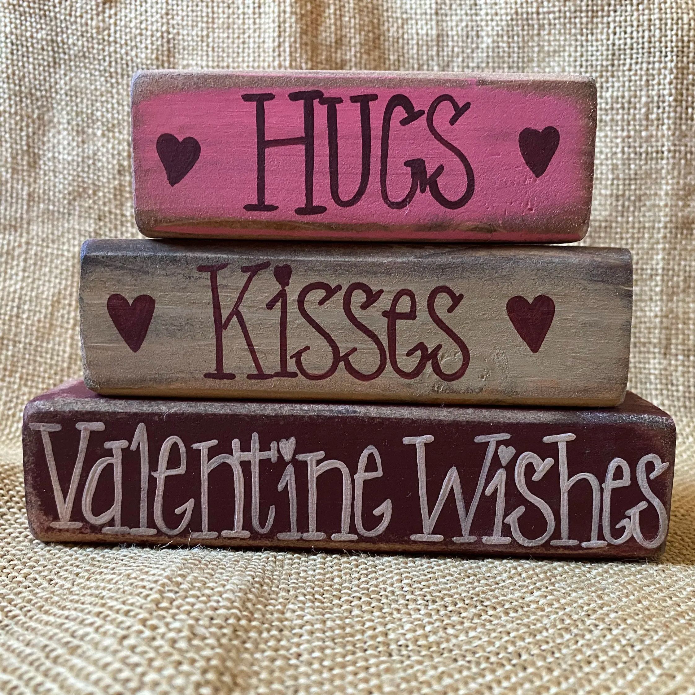 Hand Painted Distressed Hugs Kisses Valentine Wishes Wood Block Set